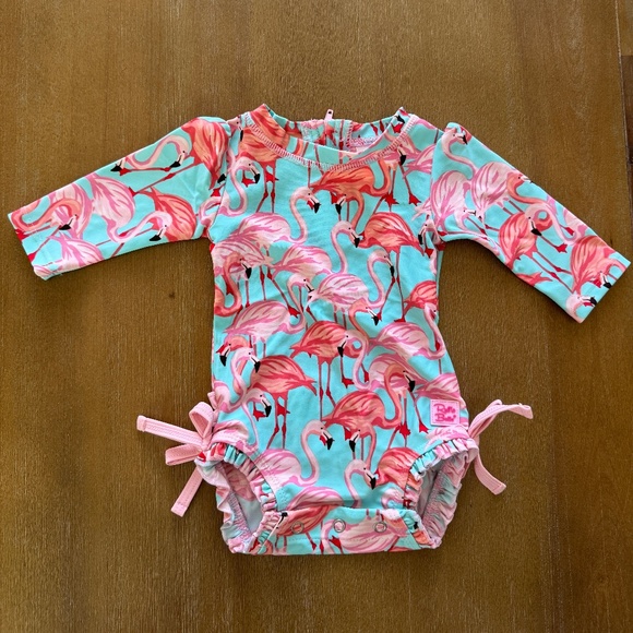 Ruffle Butts Flamingo Rashguard Swimsuit - Picture 1 of 4